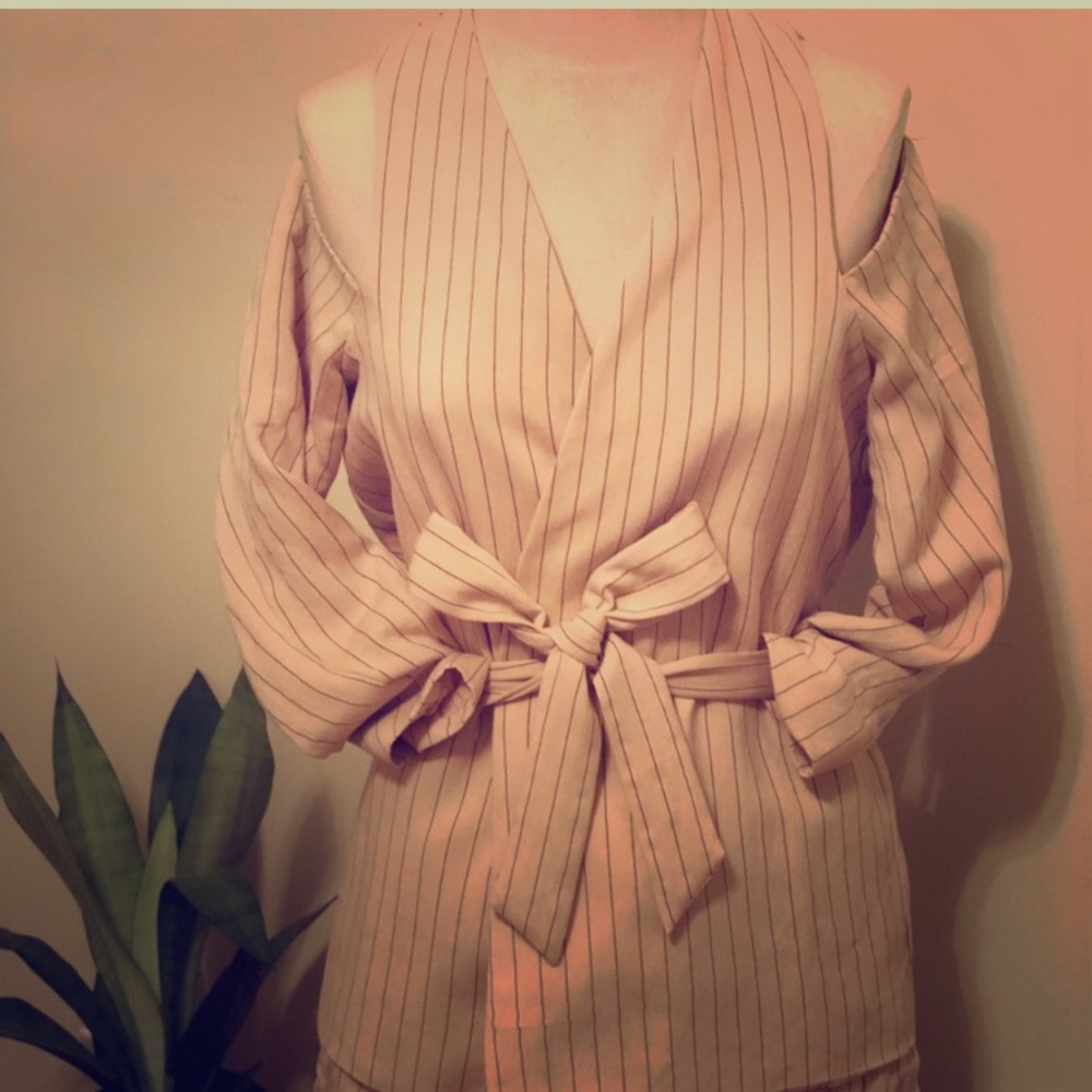 Tan shoulder cut out blazer and short set